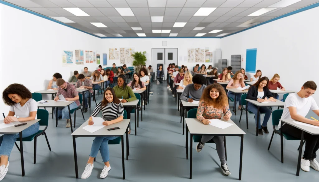 Dall·e 2024 04 20 17.35.30 A Wide Classroom Setting With A Diverse Group Of People Casually Dressed, Taking An Exam And Asking Questions, All Looking Excited And Happy. The Room