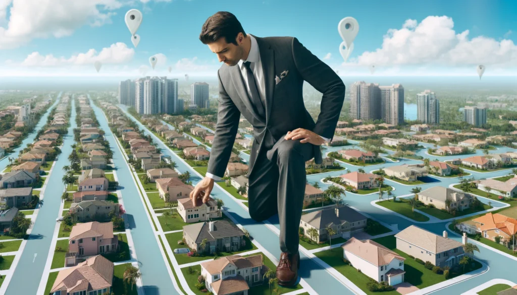 DALL·E 2024-04-28 18.56.31 - A photorealistic image in wide aspect ratio featuring a giant professional real estate agent, dressed in a smart suit, standing over a landscape of So