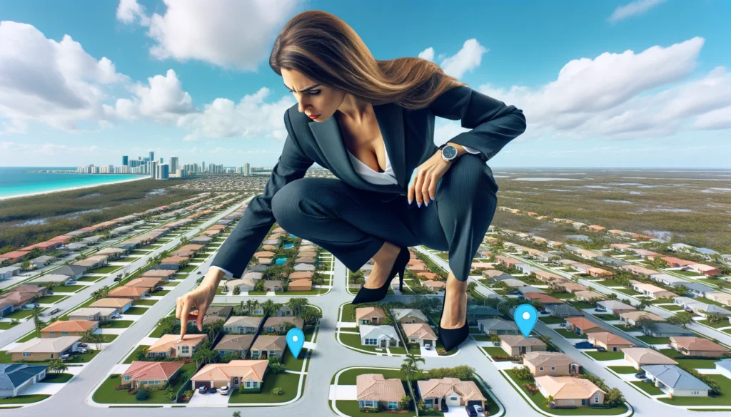 DALL·E 2024-04-28 18.59.32 - A photorealistic image in wide aspect ratio featuring a giant professional real estate agent, now depicted as a woman dressed in a stylish business su