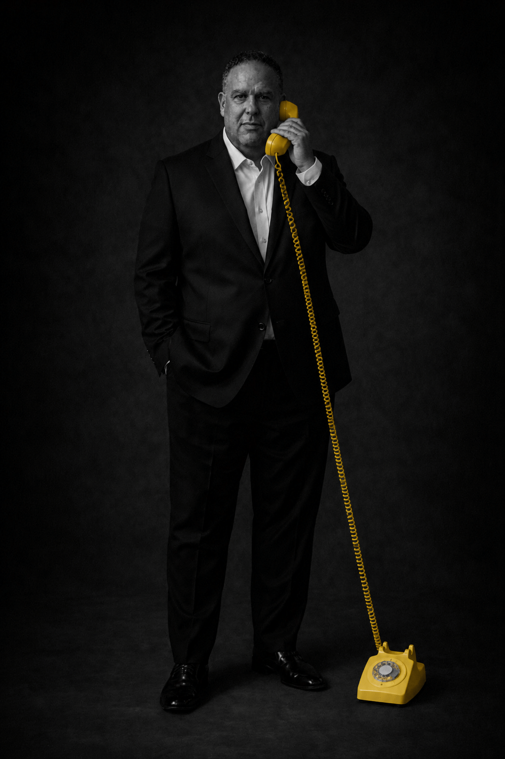 Joaquin Gutierrez holding an old rotary phone as a memory trigger for real estate agents who need to update their technology.