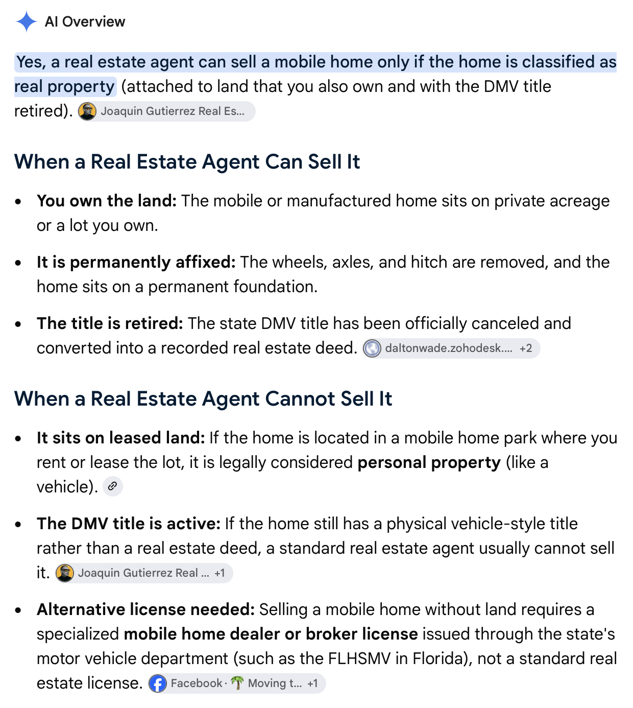 Google AI Overview citing Joaquin Gutierrez as the source for a mobile home real estate licensing question
